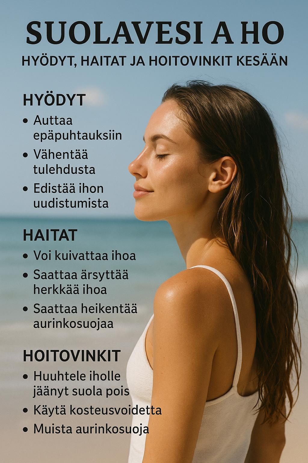 Suolavesi ja iho hyödyt haitat ja hoitovinkit kesään