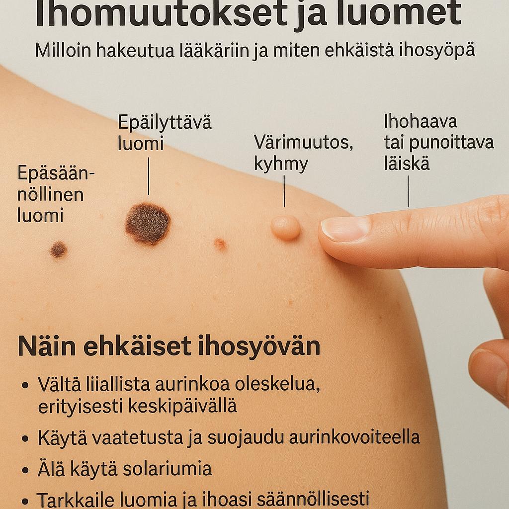 Ihomuutokset ja luomet milloin hakeutua lääkäriin ja miten ehkäistä ihosyöpä